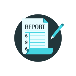 A sheet of paper titled “REPORT” with dollar signs and a pencil