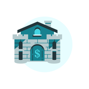 House fortified like a castle with a dollar sign on the door