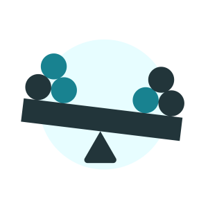 A scale with different coloured weights. The scale is tipped to the right.